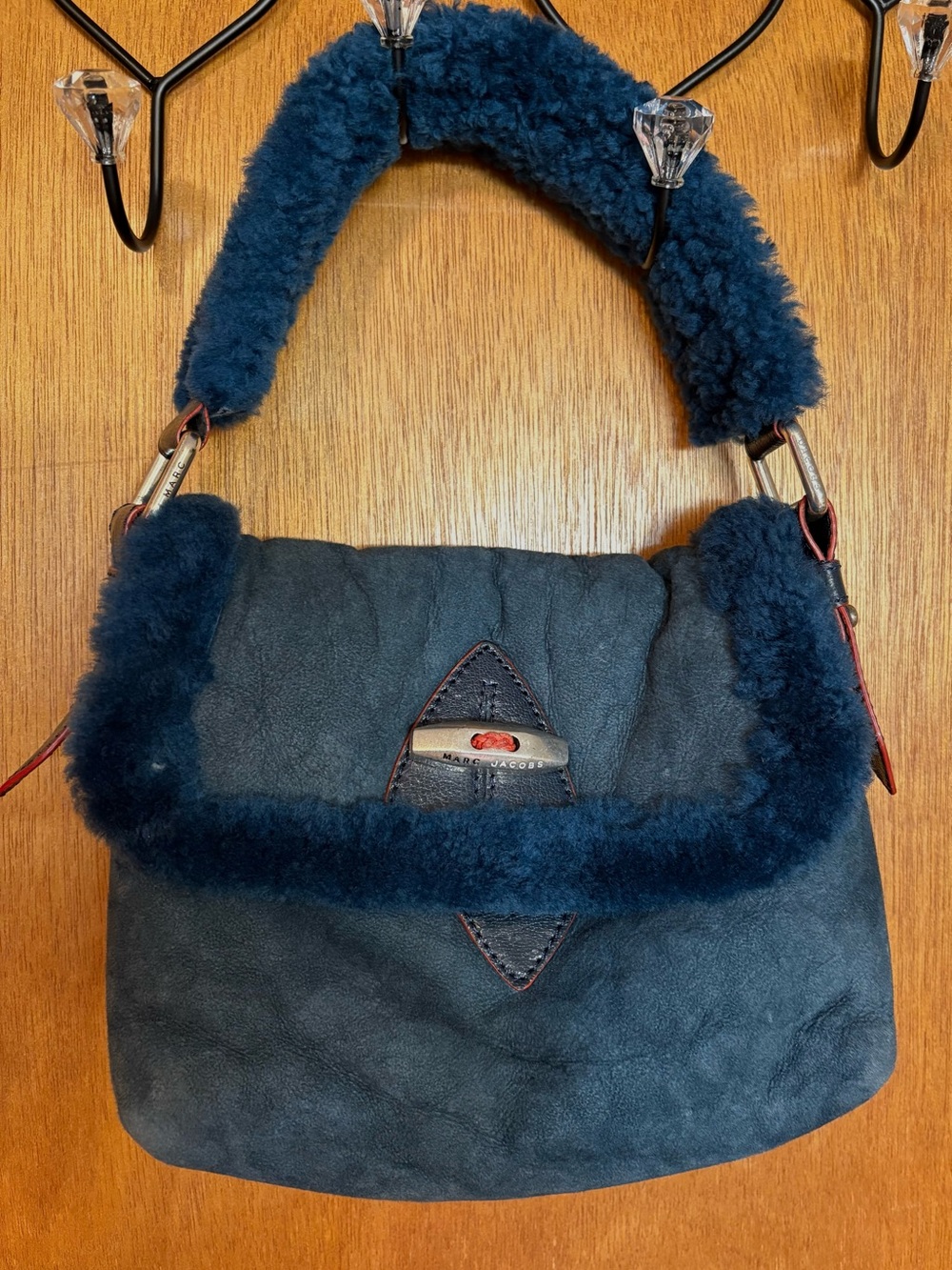 Marc Jacobs Dark Navy Shearling-Trim Shoulder Bag